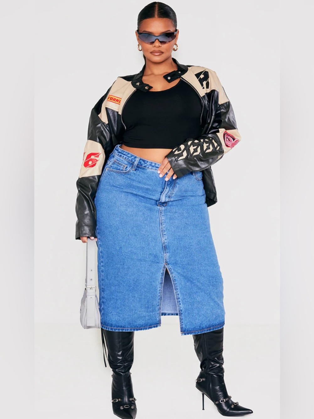 Plus size pretty little thing blue denim front slit midi skirt size 22 2X